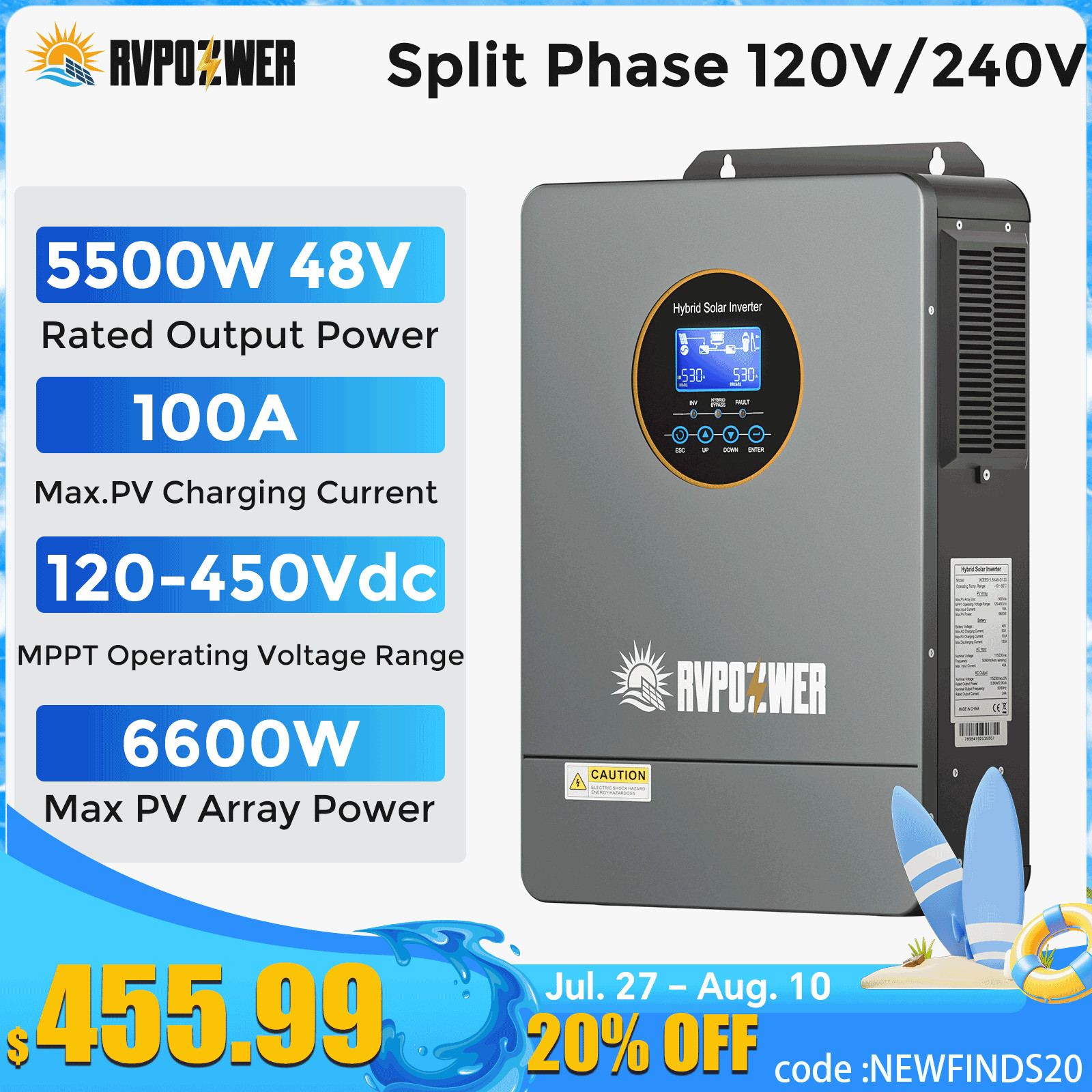 5500W Solar Hybrid Inverter 48V 110V/220V AC Split Phase Off-Grid Pure Sine MPPT