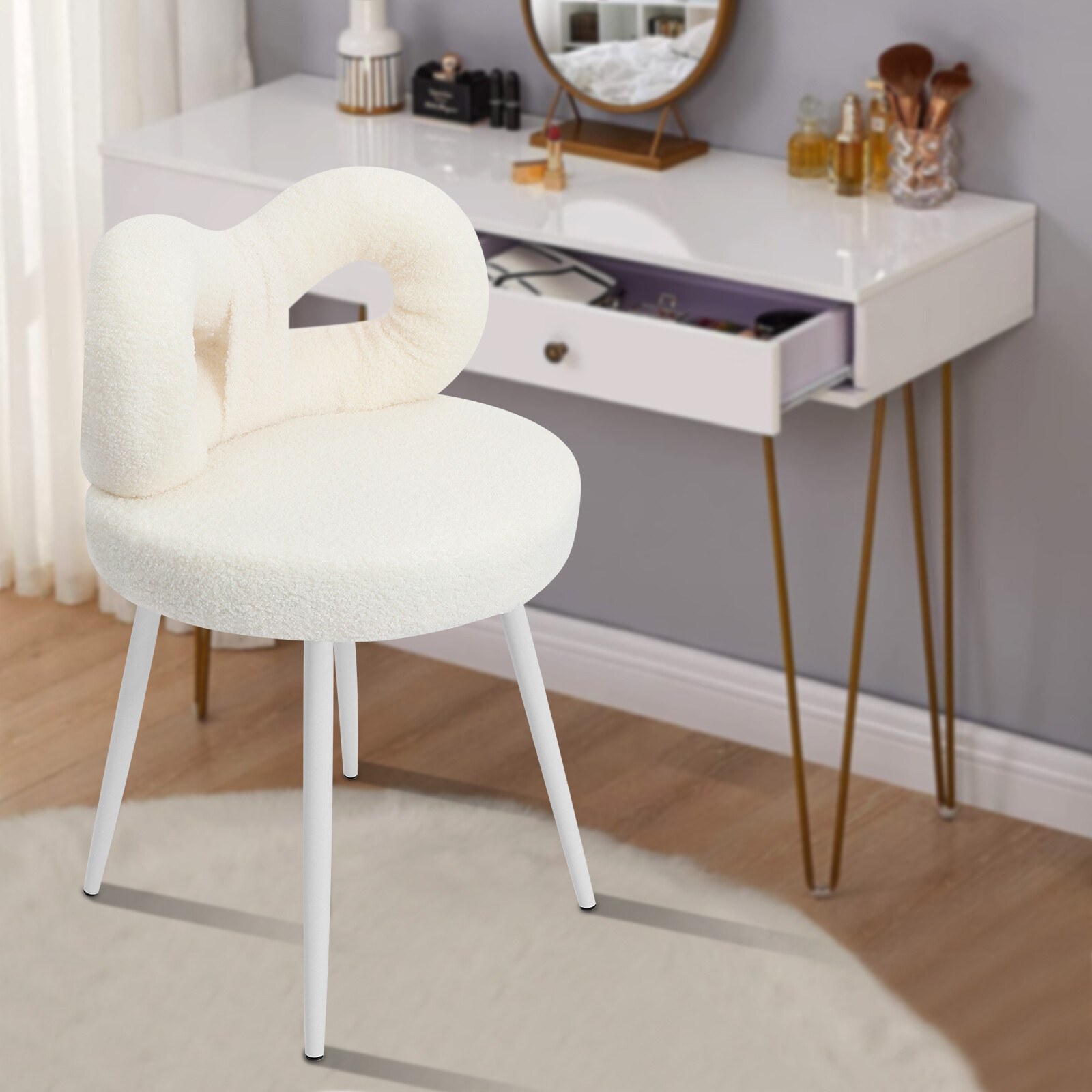 White Cute Bow Backrest Chair Ergonomic Design Bedroom Chair Fit Bedroom / Study