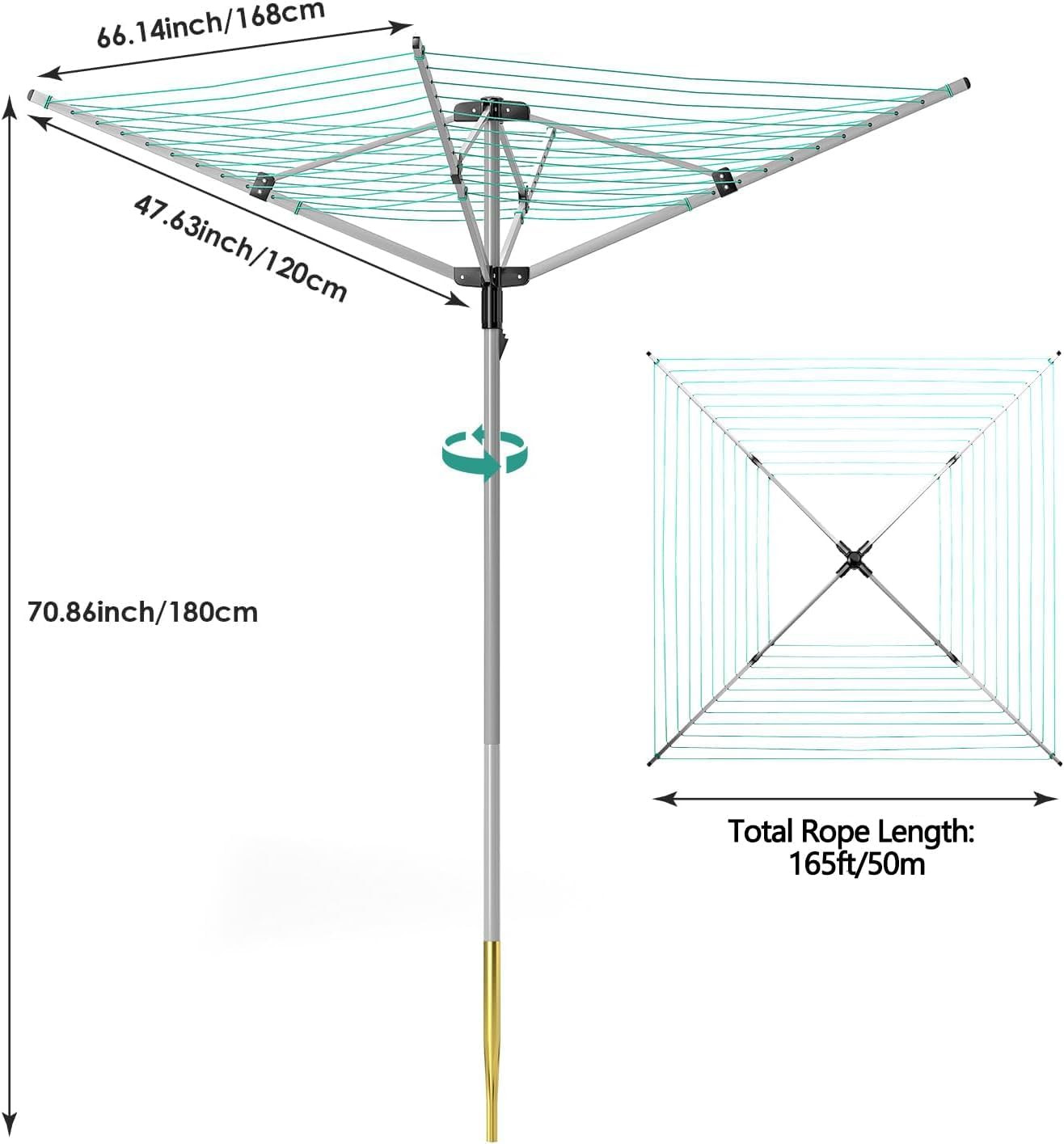 Adjustable Rotary Umbrella Clothesline - 4 Arms, 165 Ft Drying Rack