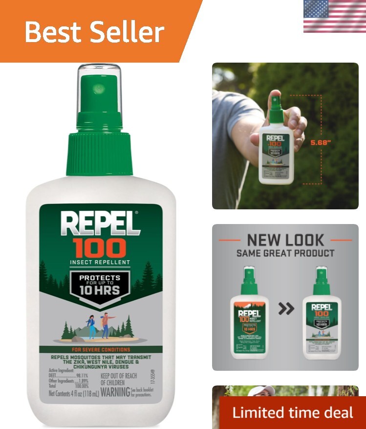 Repel Insect Repellent Spray 100% DEET 4oz - 10-Hour Protection for Outdoors