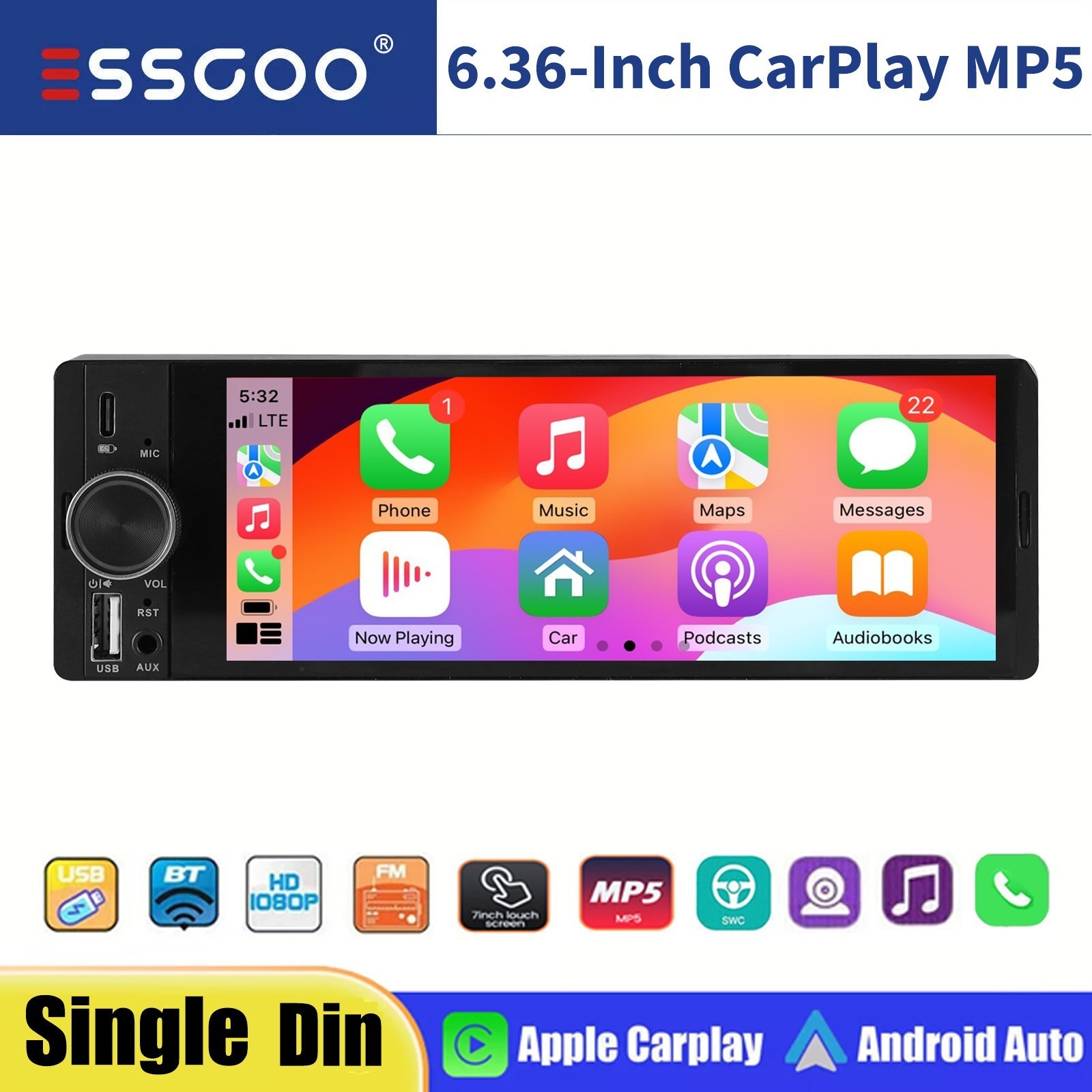 6.36 Inch Single 1 Din Car Stereo Radio Wireless CarPlay Touchscreen BT FM USB-C
