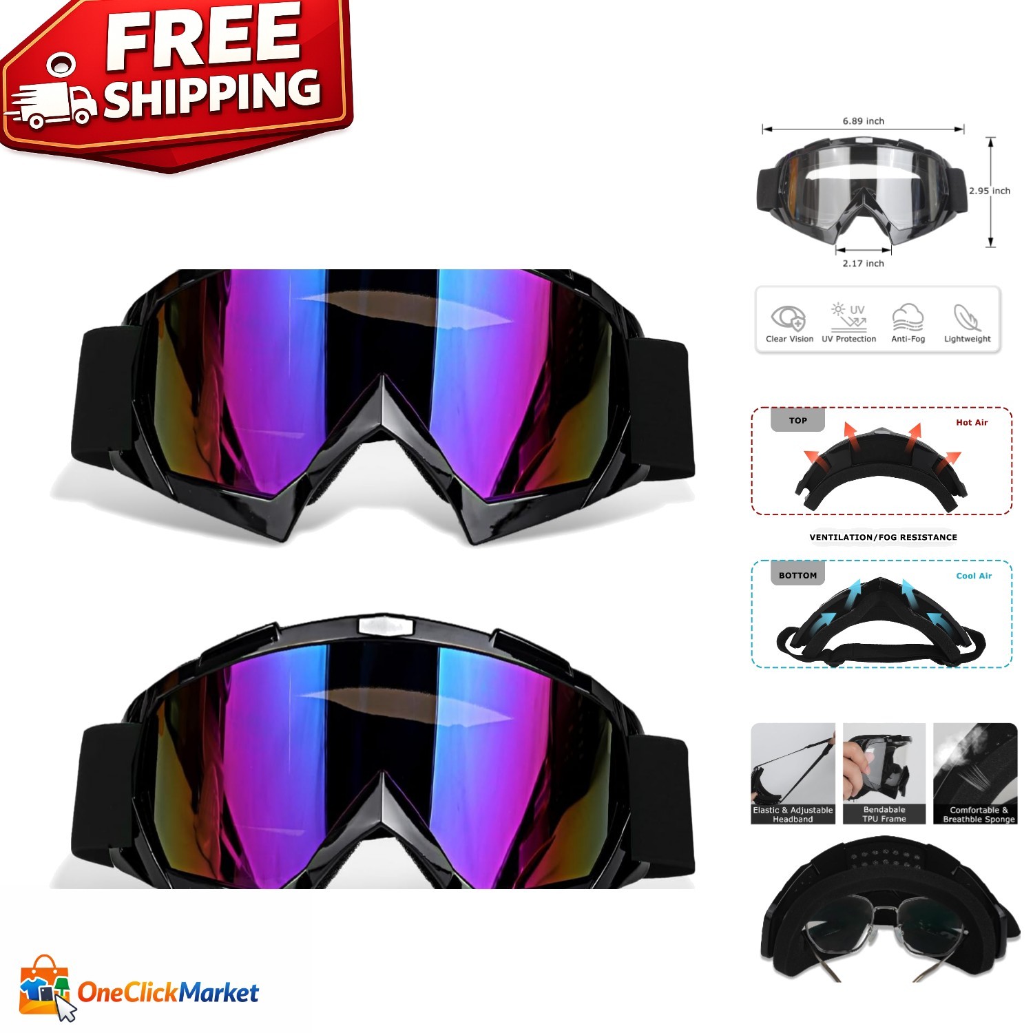 Dirt Bike Goggles with UV400 Protection & Anti-Fog for Motocross