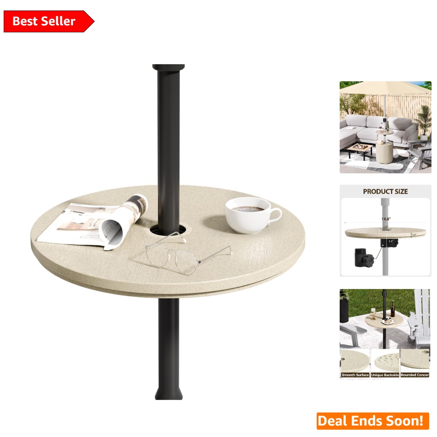 Elegant 14.8 Inch Beige Tempered Round Tabletop with Umbrella Hole for Patio