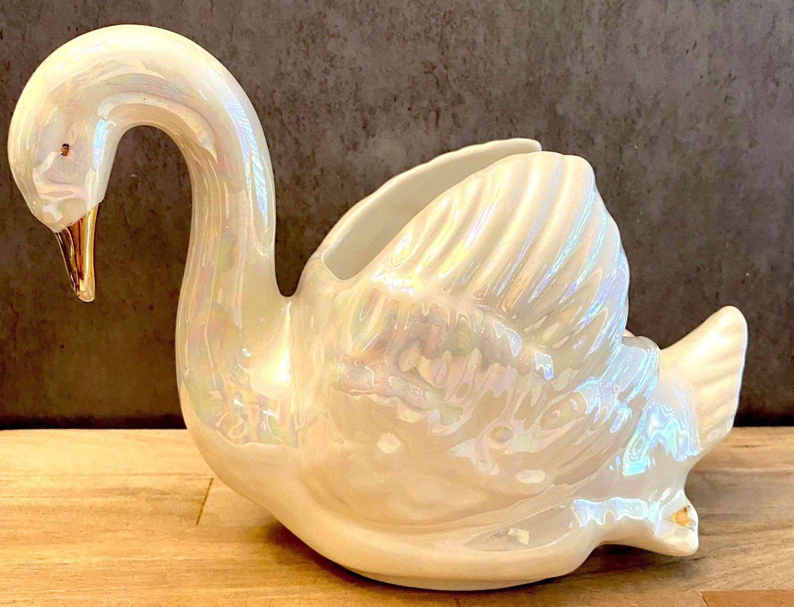 Vintage Pearl China Company Swan Planter 22Kt Gold Trim Iridescent Glaze 1960's