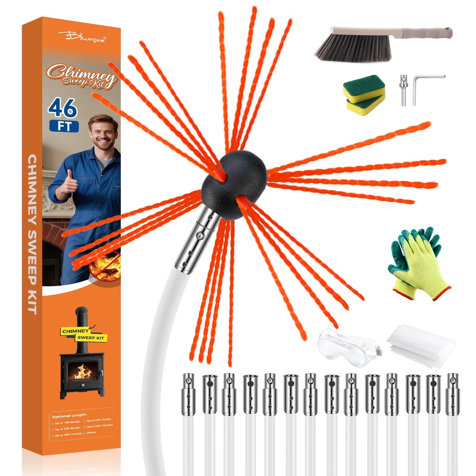 Bluesea Chimney Sweep Kit - Extends Up to 46 Feet, Includes 14 46 White