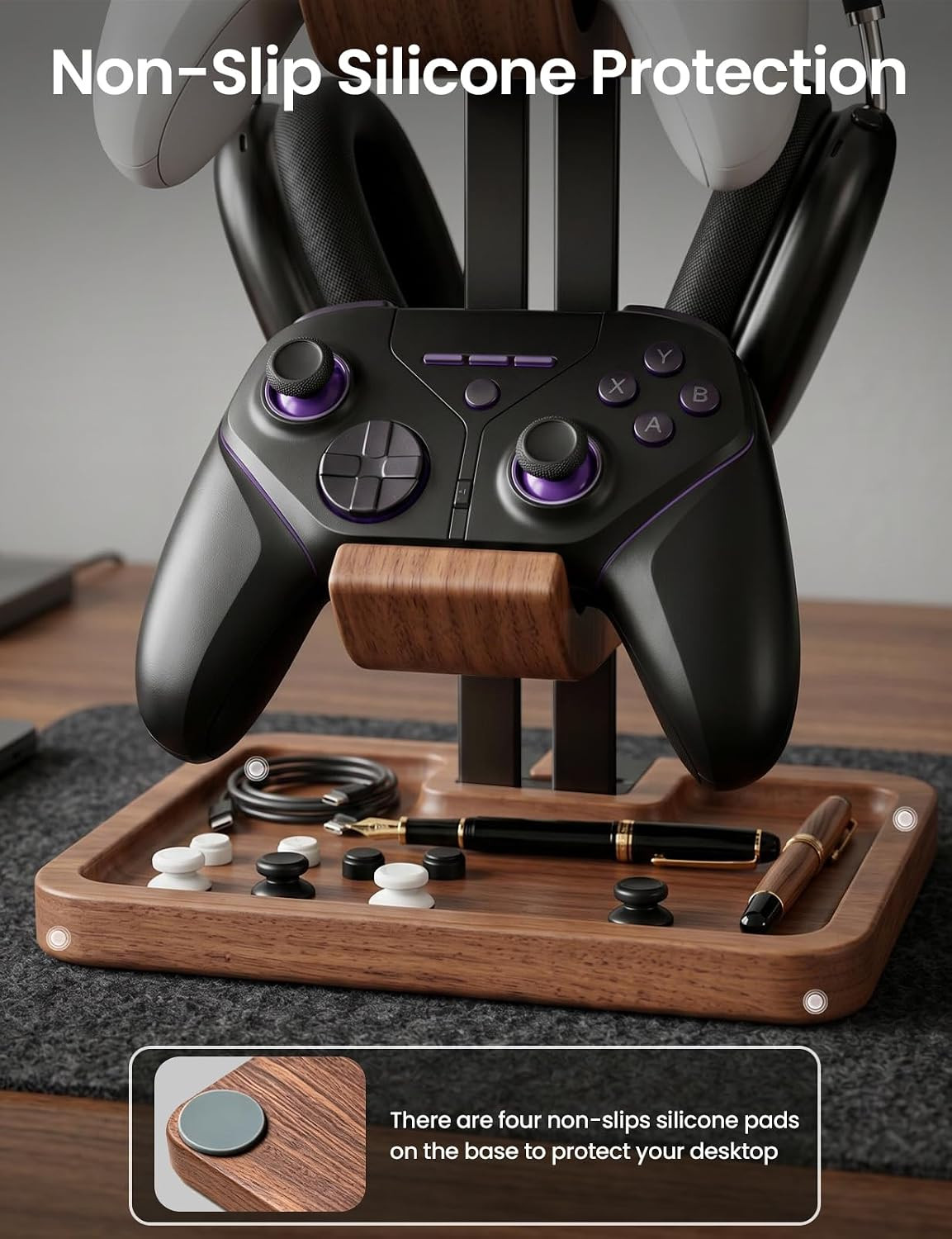 LOXP Walnut Headphone and Controller Stand, 2-In-1 Holder with Storage | Solid W