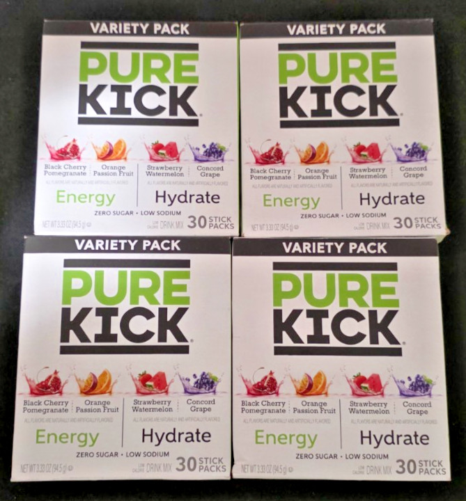 4 boxes Pure Kick Energy Hydration Electrolyte Powdered Drink Mix Variety