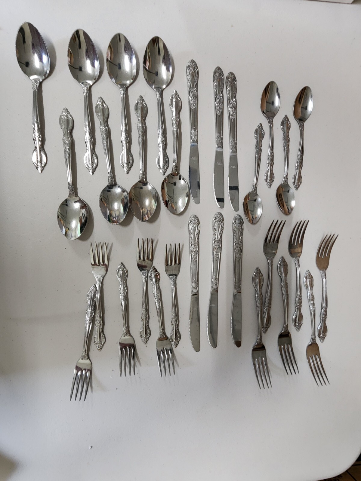 Vintage Utensils Lot 30 Japan Stainless Floral Pattern Ornate Curved Handle Dot