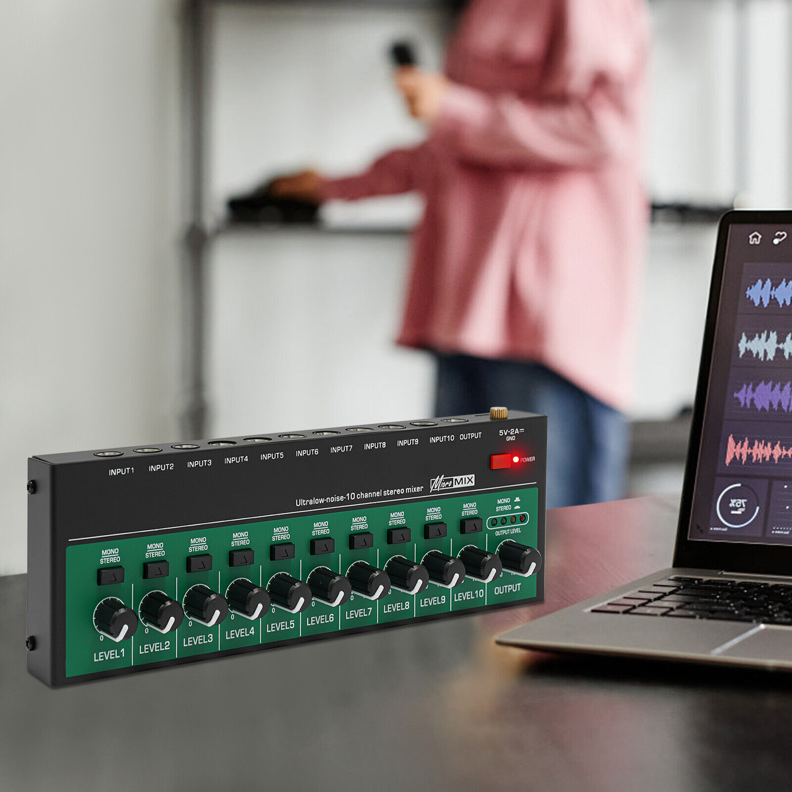 10 Channel Audio Mixer, Mini Audio Mixer, Audio Mixer w/ USB Charging Cable&Plug