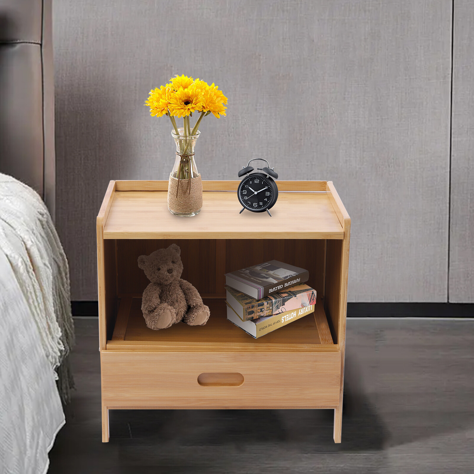 Bedside Table, Sofa Side Table, Wood Color Bedside Cabinet with Drawer