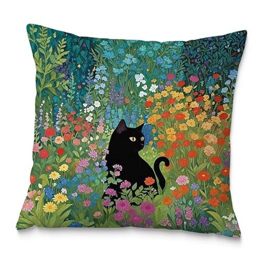 Floral Black Cat Pillow Covers 18x18, Cats Lovers Lady Gifts, Cat Mom Style04