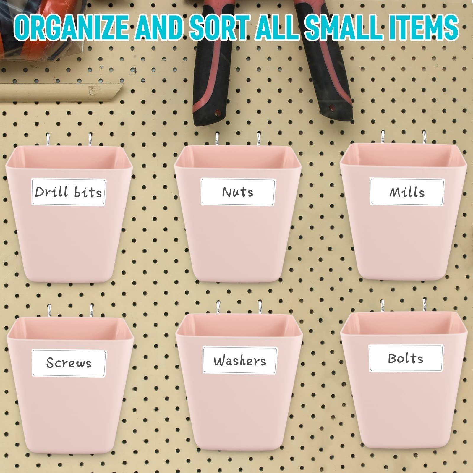 G.CORE Large Pegboard Cups Peg Board Storage Bin 6 Pack with Hooks, Square Bo...