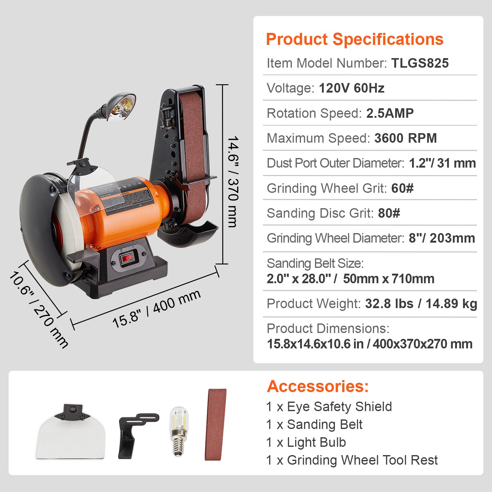 8" Bench Grinder & 2" x 28" Belt Sander Combo, 2.5A Motor, Orange