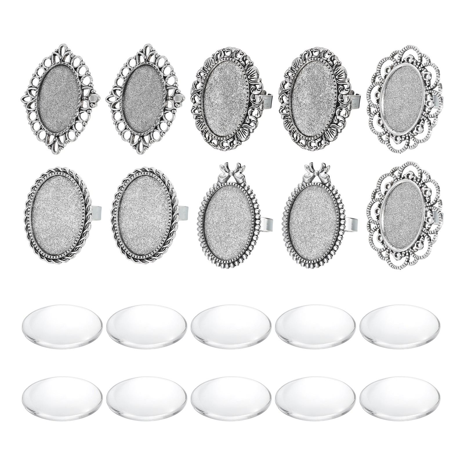 10Pcs Metal Ring Base Blank, 18mm Ring Blank Base with 10Pcs Cabochon(Black)