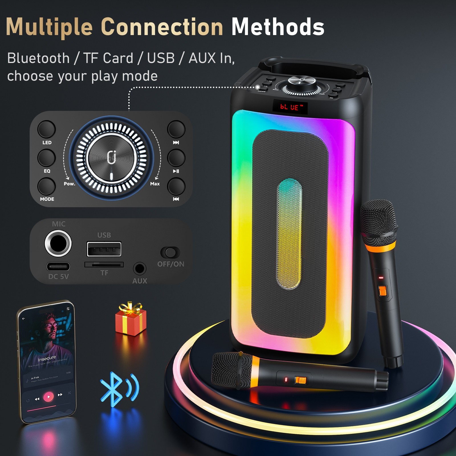 JYX Bluetooth Karaoke Machine With 2 Wireless Mics LED Rechargeable Speaker - US