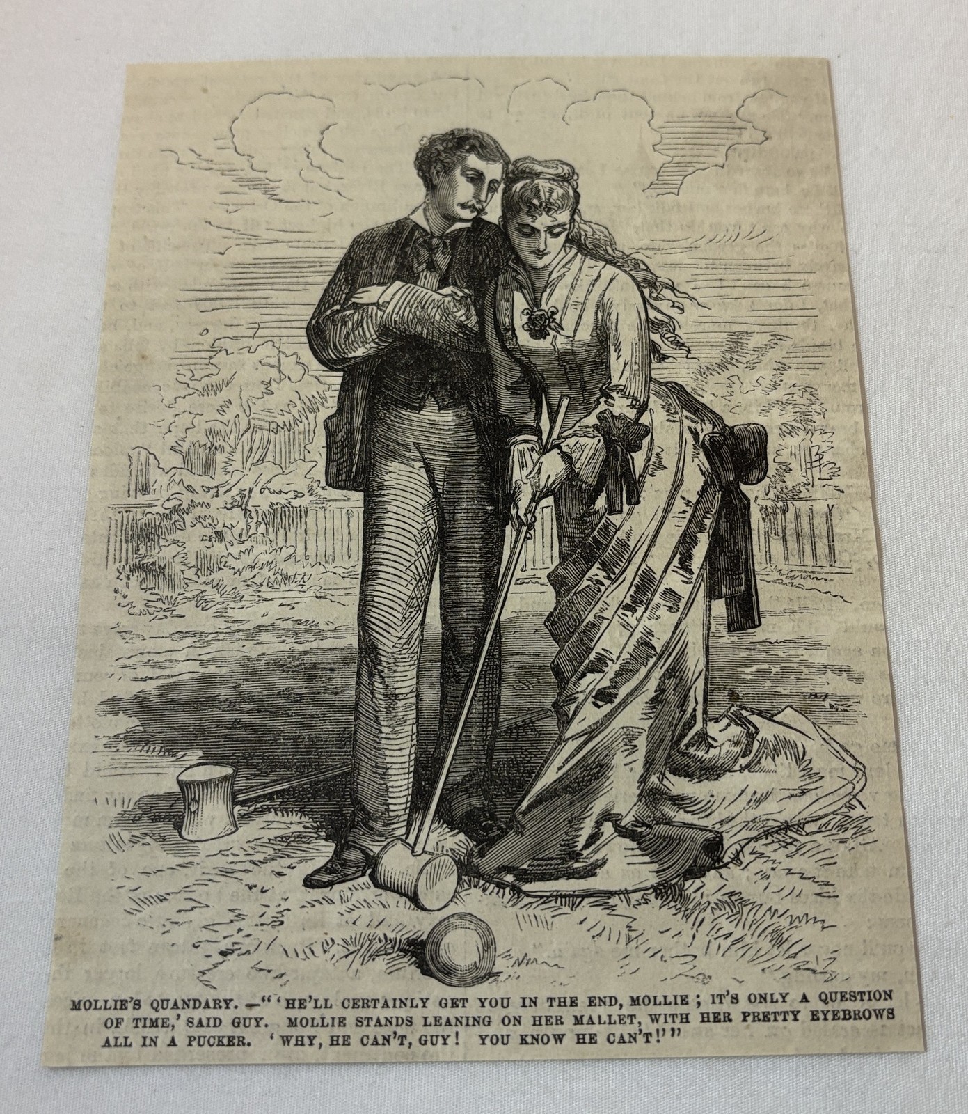 1881 magazine engraving~ MOLLIE'S QUANDRY Man Watches Woman Playing Croquet