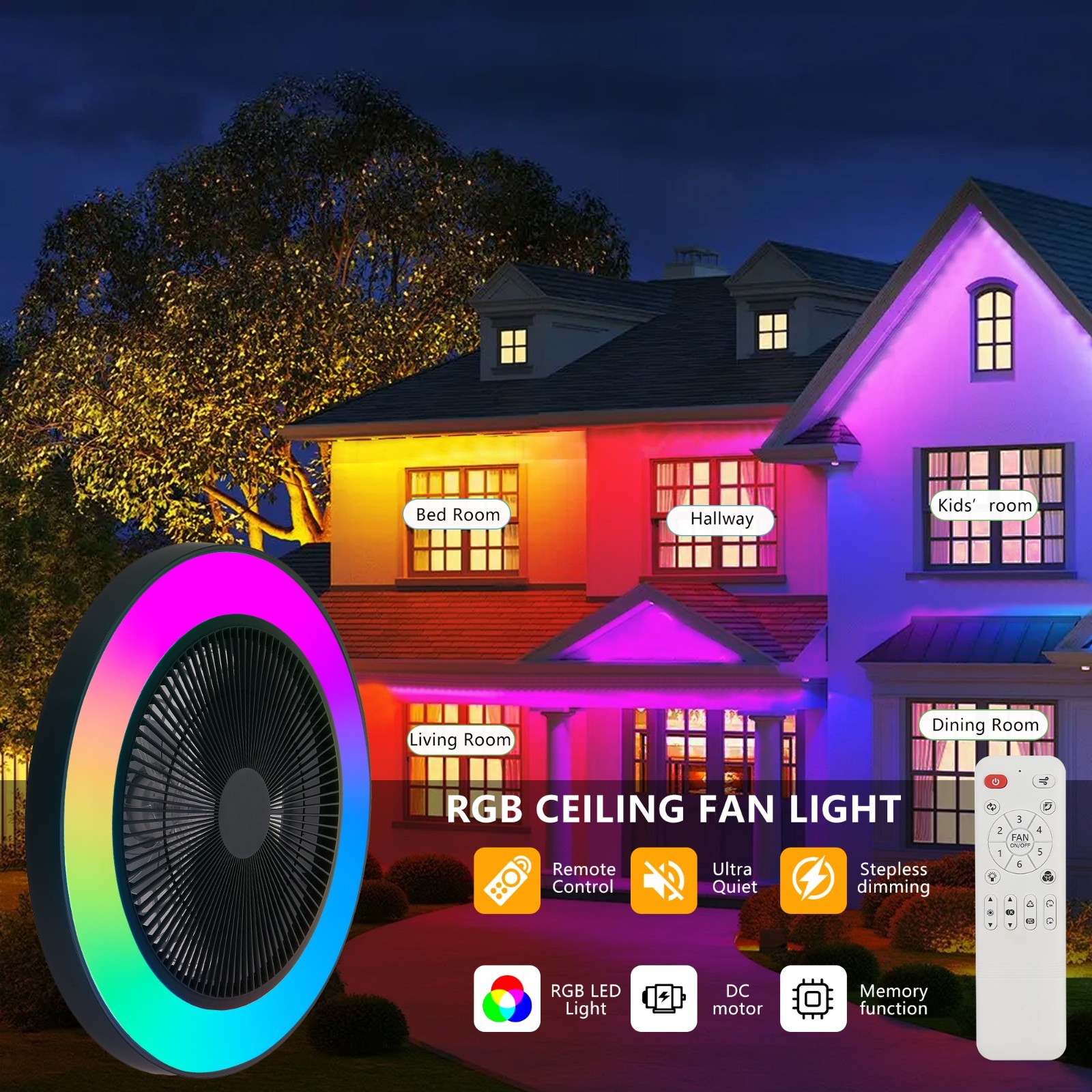 19" RGB LED Smart Ceiling Fan Light – Dimmable, APP/Remote, Silent Reversible DC