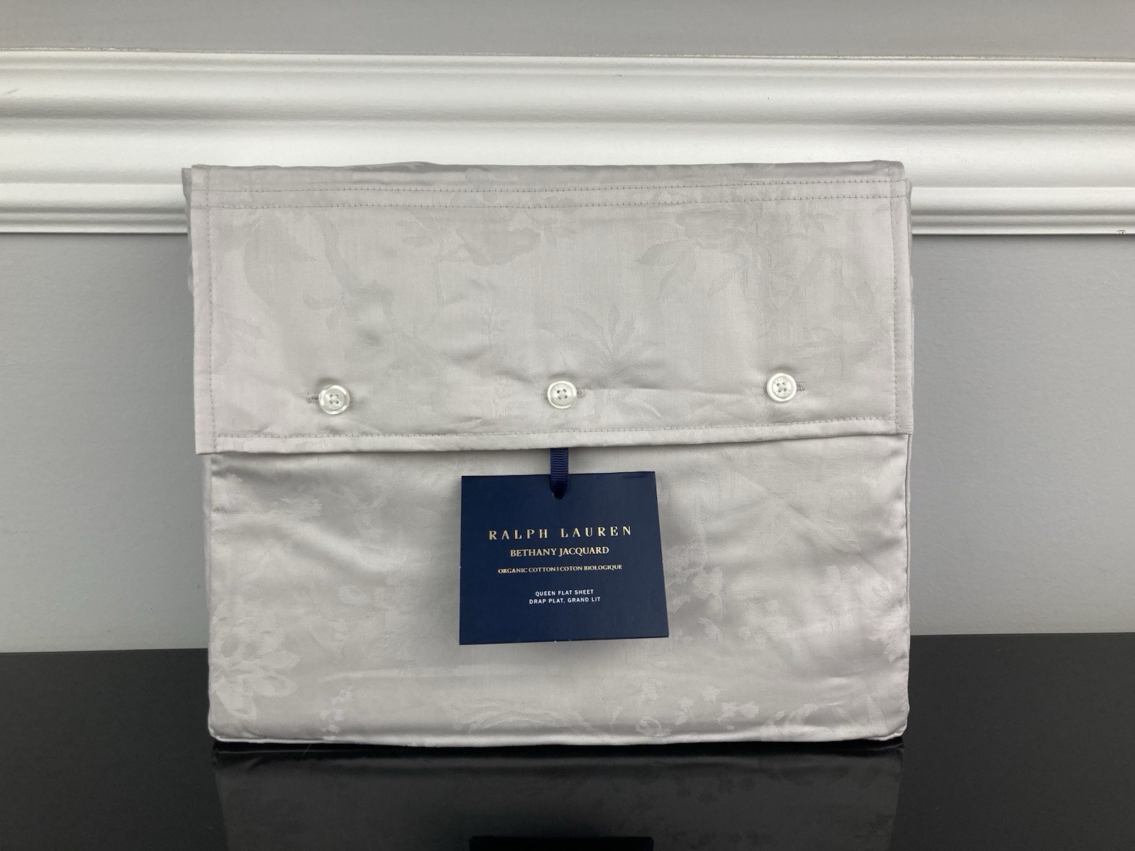 Ralph Lauren Organic Cotton Bethany Jacquard Flat Sheet Silver Gray QUEEN