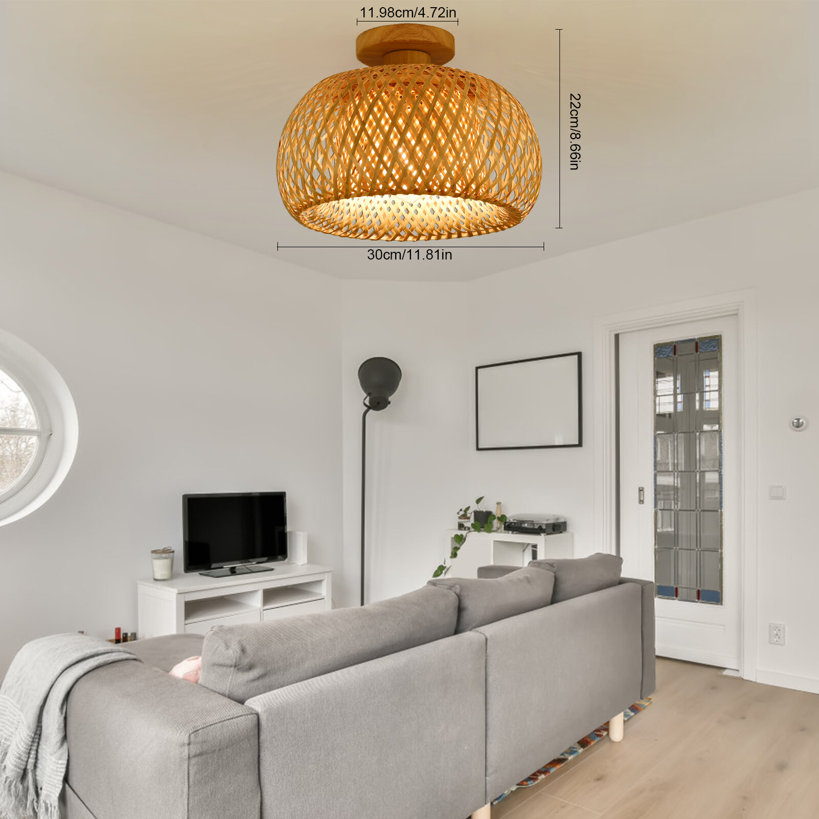 110V E26 Ceiling Light Semicircle Bamboo Pendant Light 60W Indoor Hanging Lamp