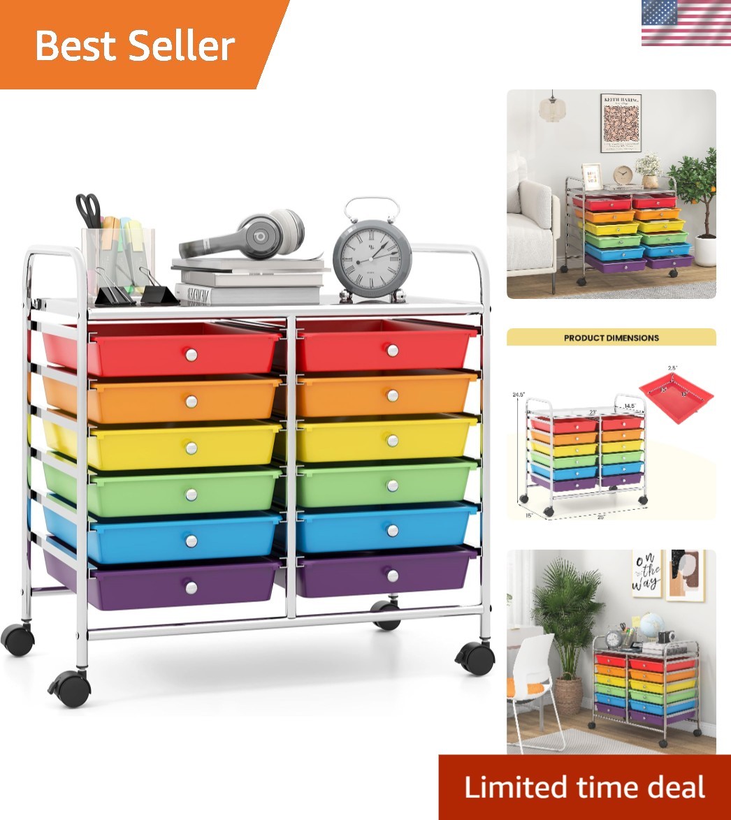 Versatile 12-Drawer Utility Cart - Colorful Organizer for Crafts & More