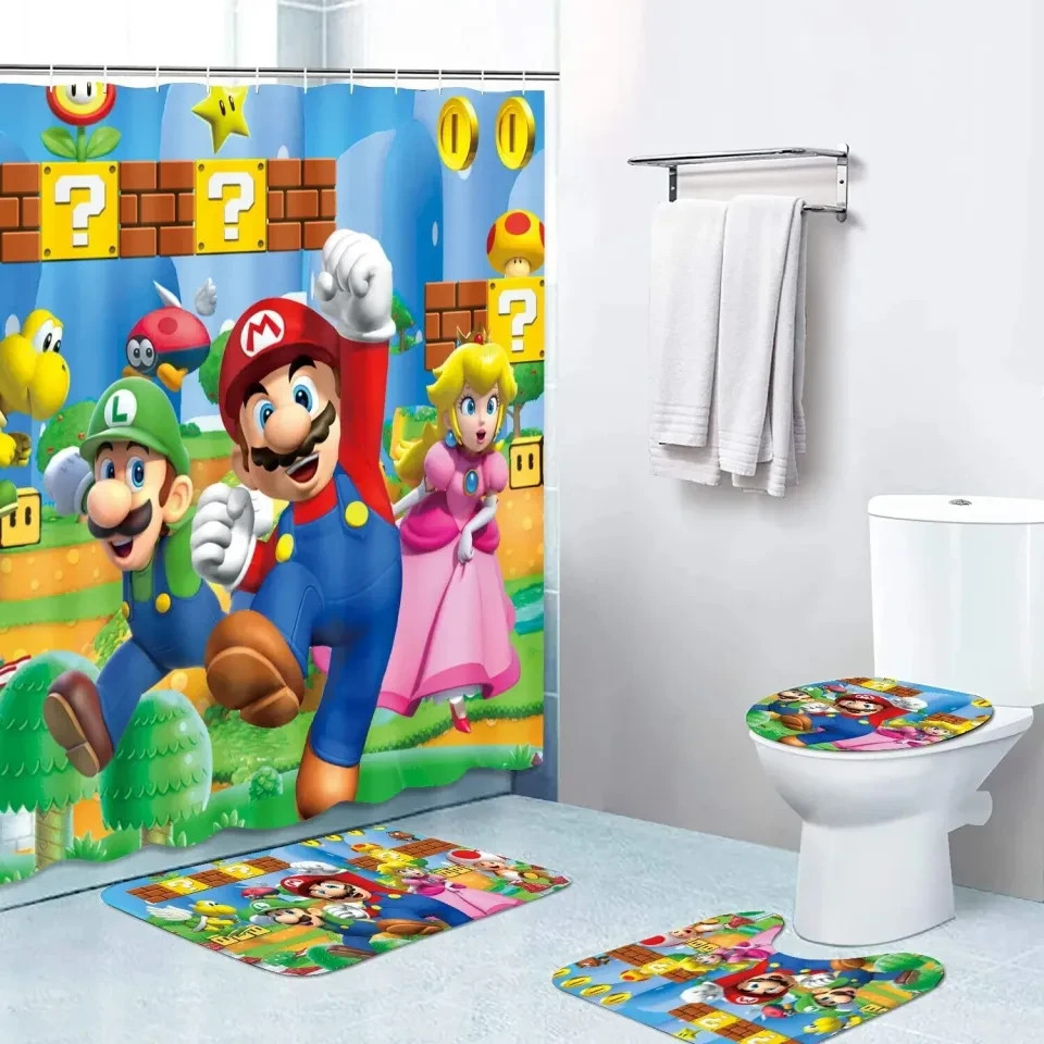 Super Mariox Bathroom Set Shower Curtain Bath Mat Rug Toilet Seat Lid Covers