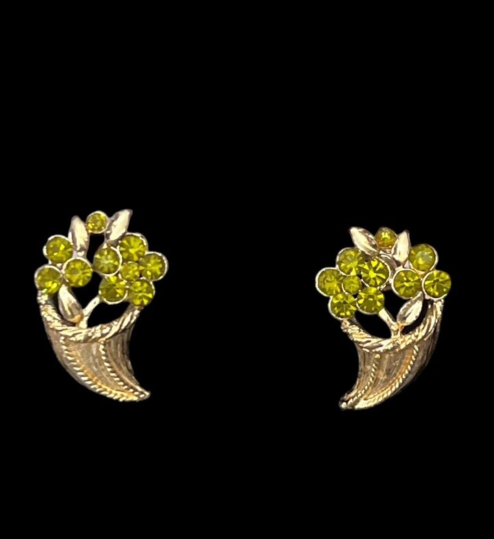 Vintage Estate Gold Tone Cluster Green Rhinestones Clip On Earrings