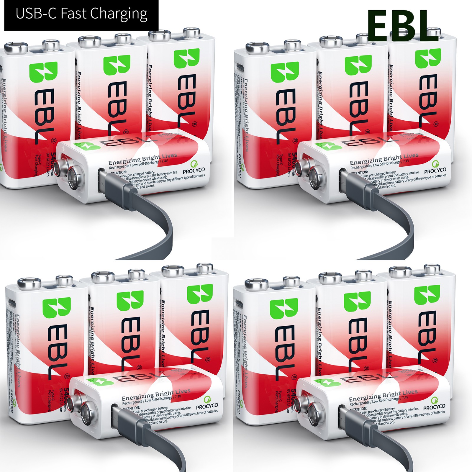 USB Rechargeable 9V Lithium Batteries 5400mWh Long Lasting LI-ion Batteries LOT