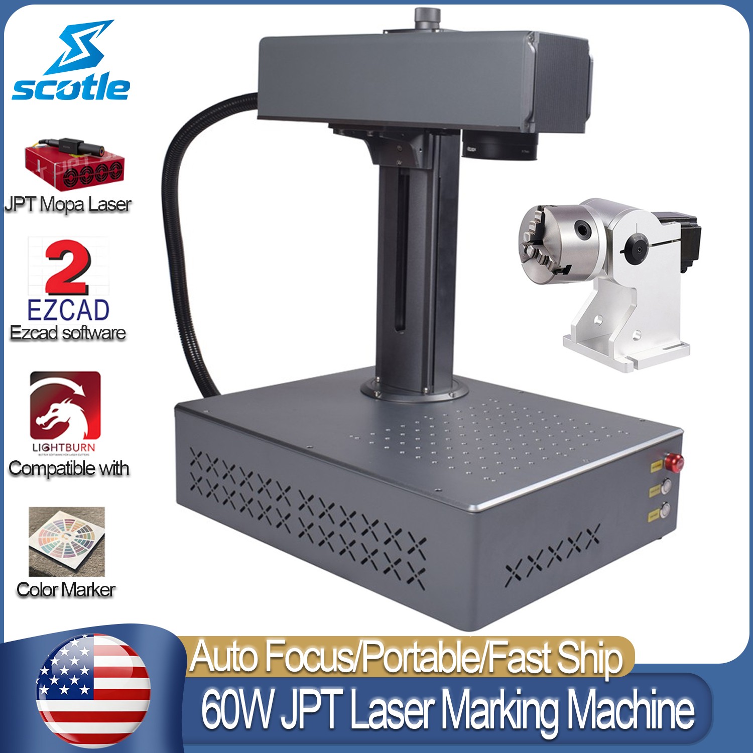 Scotle 60W Auto Focus JPT M7 Portable Fiber Laser Marking Machine Metal Engraver