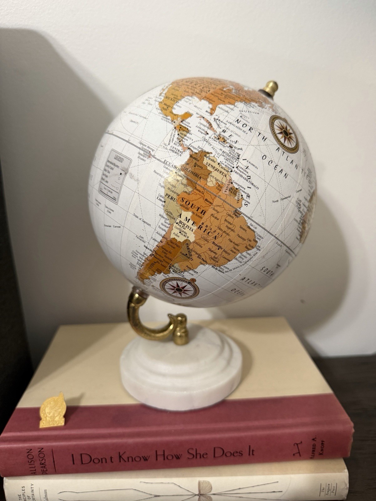 Decorative Tabletop World Globe 12in Freestanding w/ White & Gold Tone Base