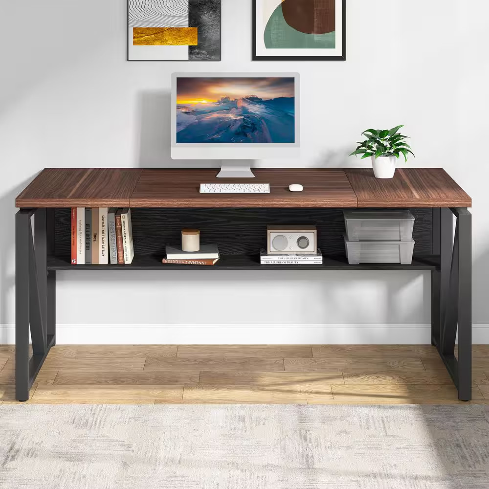 Moronia 62.9 In. Rectangular Deep Brown and Black Engineered Wood Computer Desk