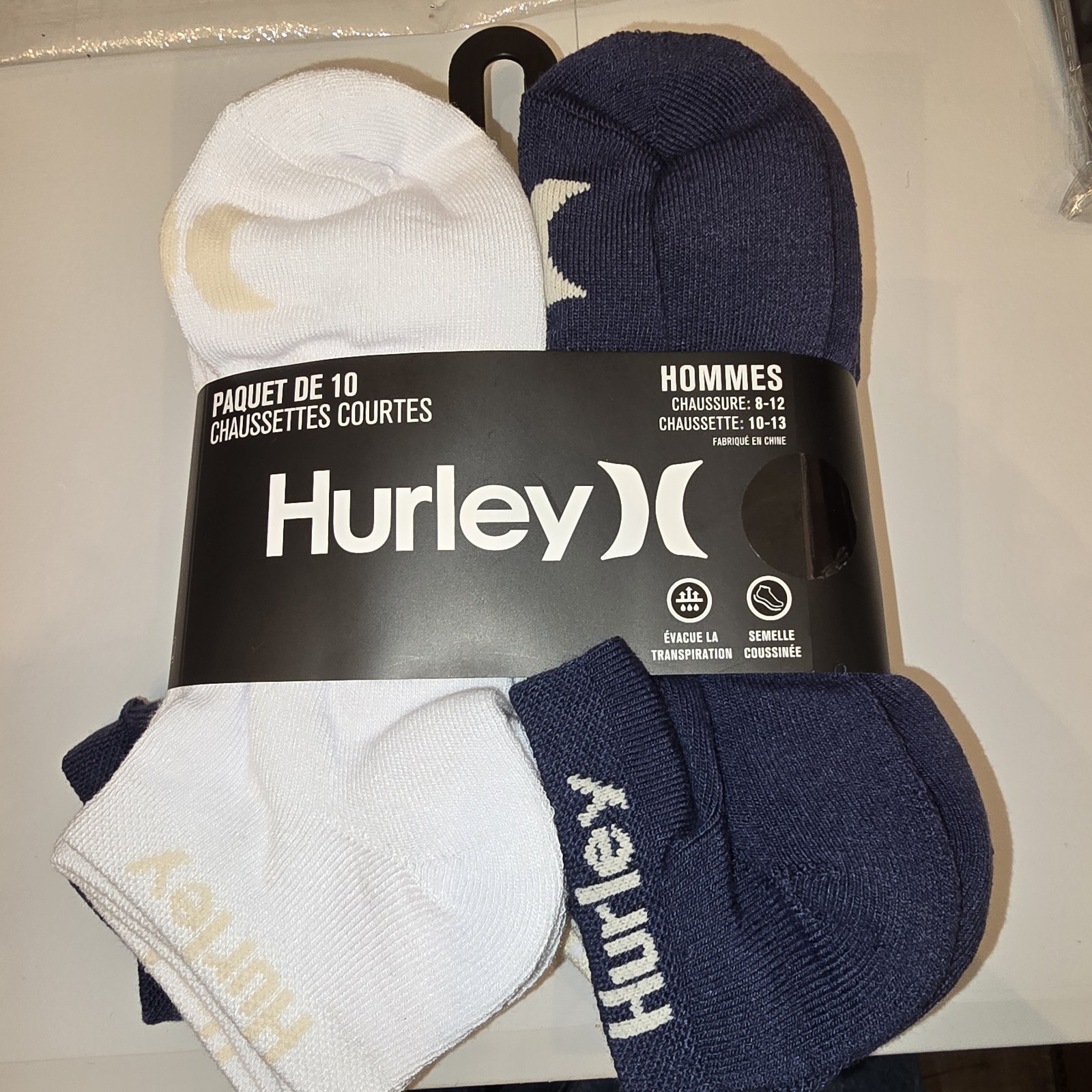 NWT HURLEY Mens 10 Pack Socks Ultra Soft Size 8-12 White/Blue/Beige