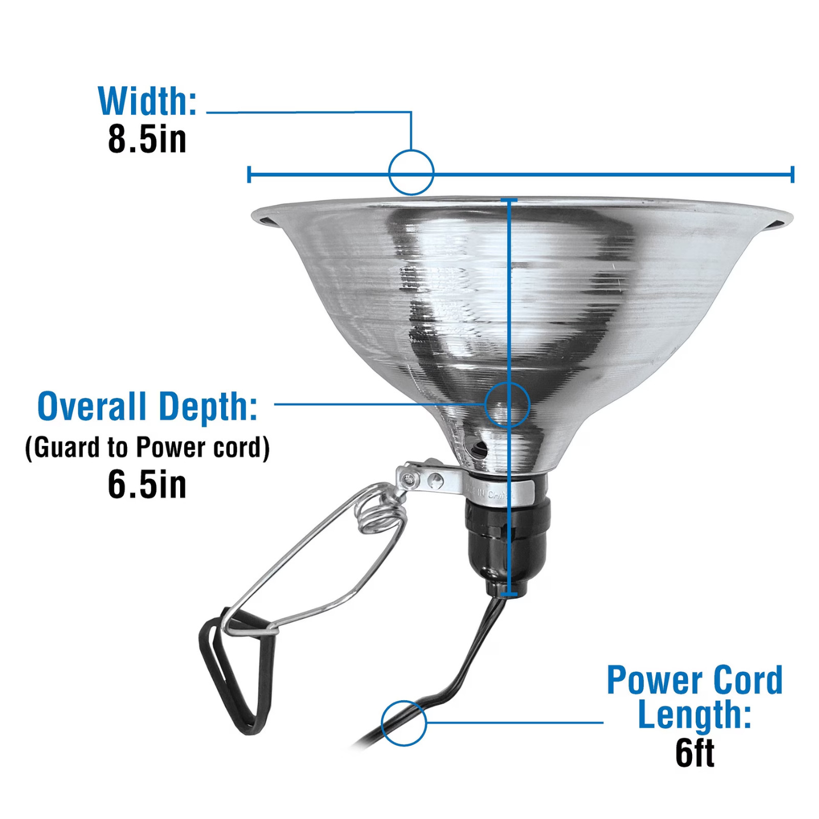 8.5" Clamp Work Light Aluminum Reflector Lamp 150W E26 Socket 6ft Cord Workshop