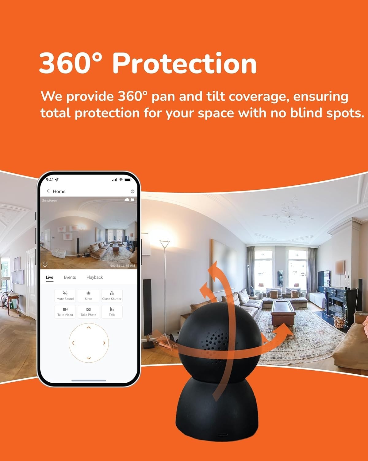 SensForge 2.5K 360° Pan-Tilt WiFi Security Camera, AI Detection, 64GB