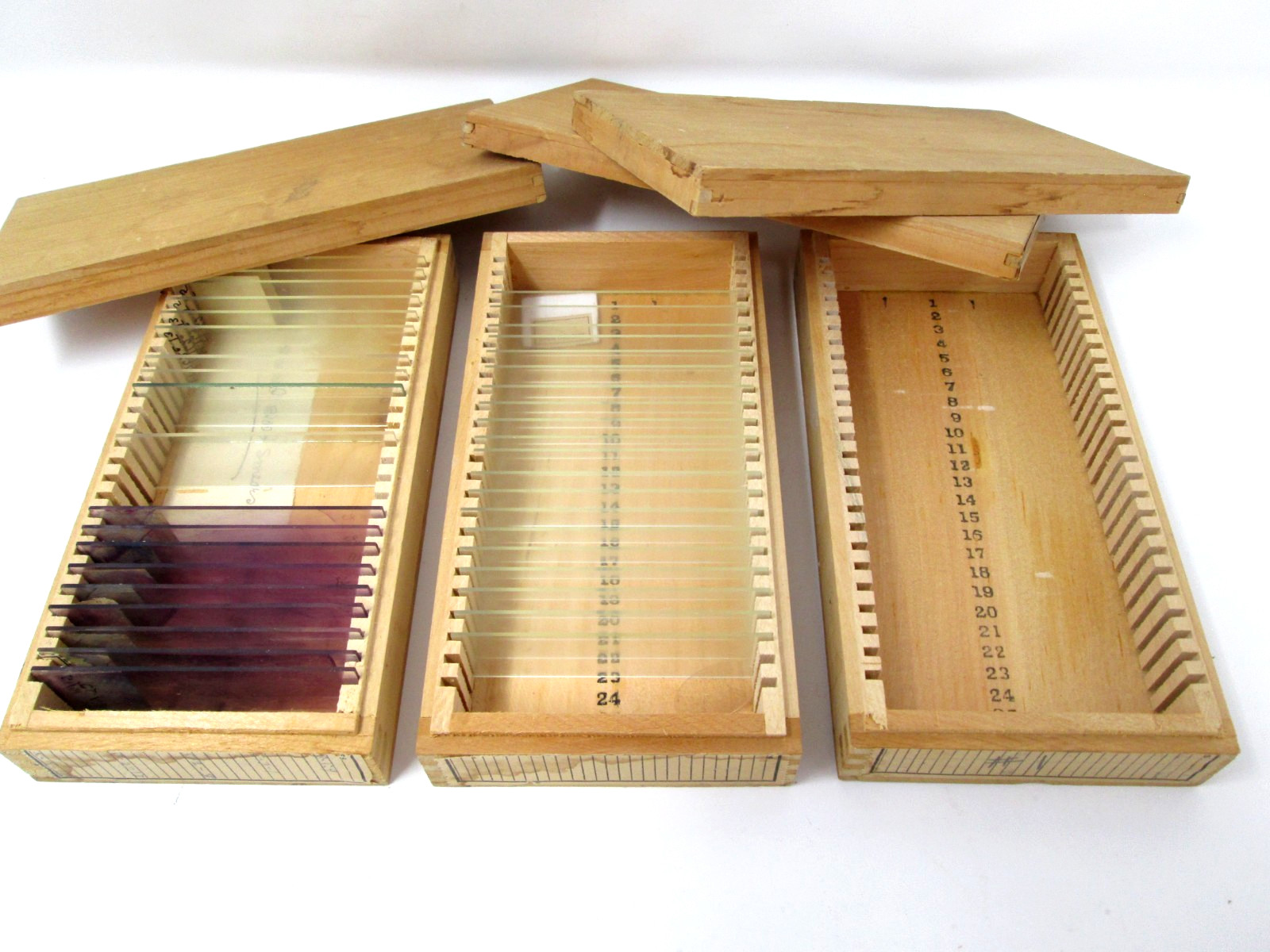 Vintage Microscope Slides Wood Box Lot of 3 Dovetail Wooden Scientific Decor