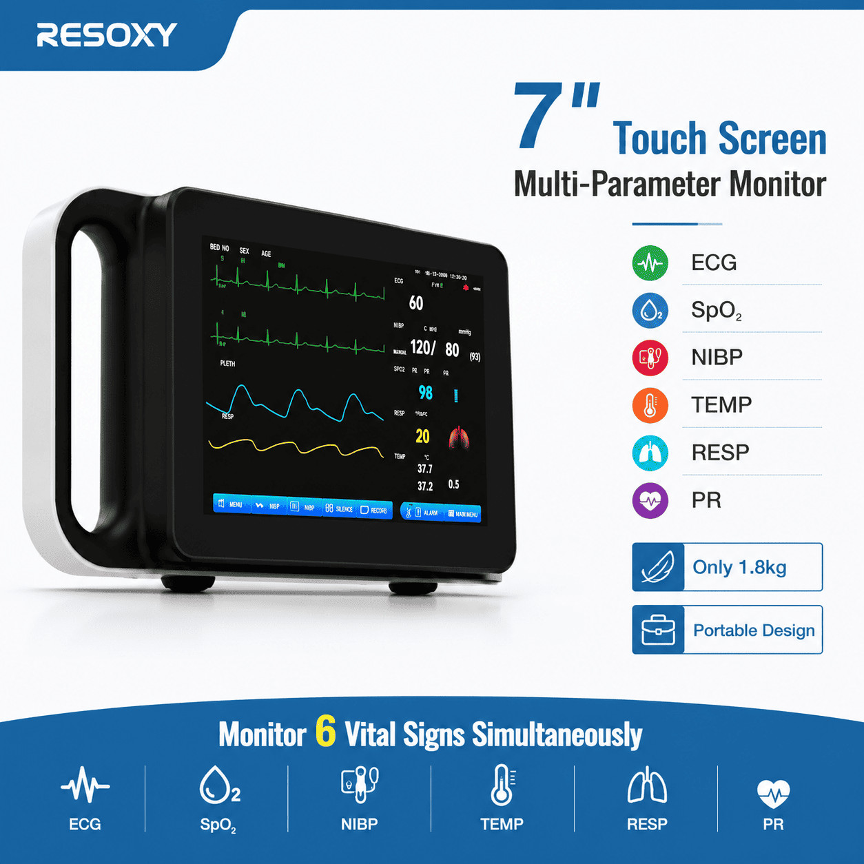 Multi-parameter Patient Monitor Vital Signs Monitor ECG/NIBP/TEMP/RESP/SPO2/PR