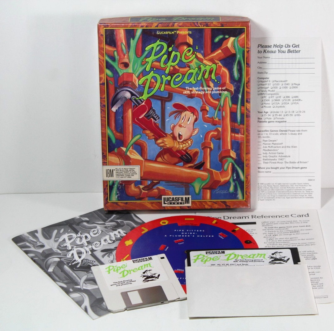 IBM Lucasfilm Pipe Dream PC Big Box Game With Inserts 5.25" And 3.5" Discs 1989