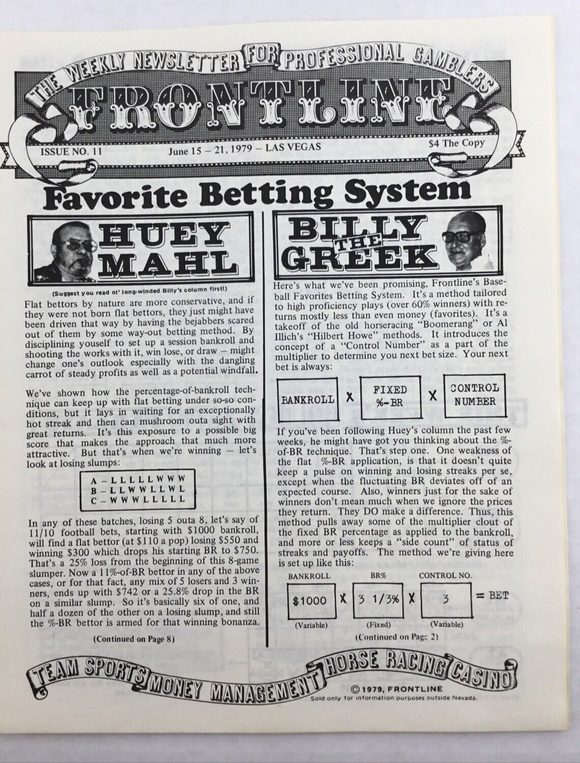 Frontline June 1979 Huey Mahl Las Vegas Nevada Newsletter Professional Gamblers