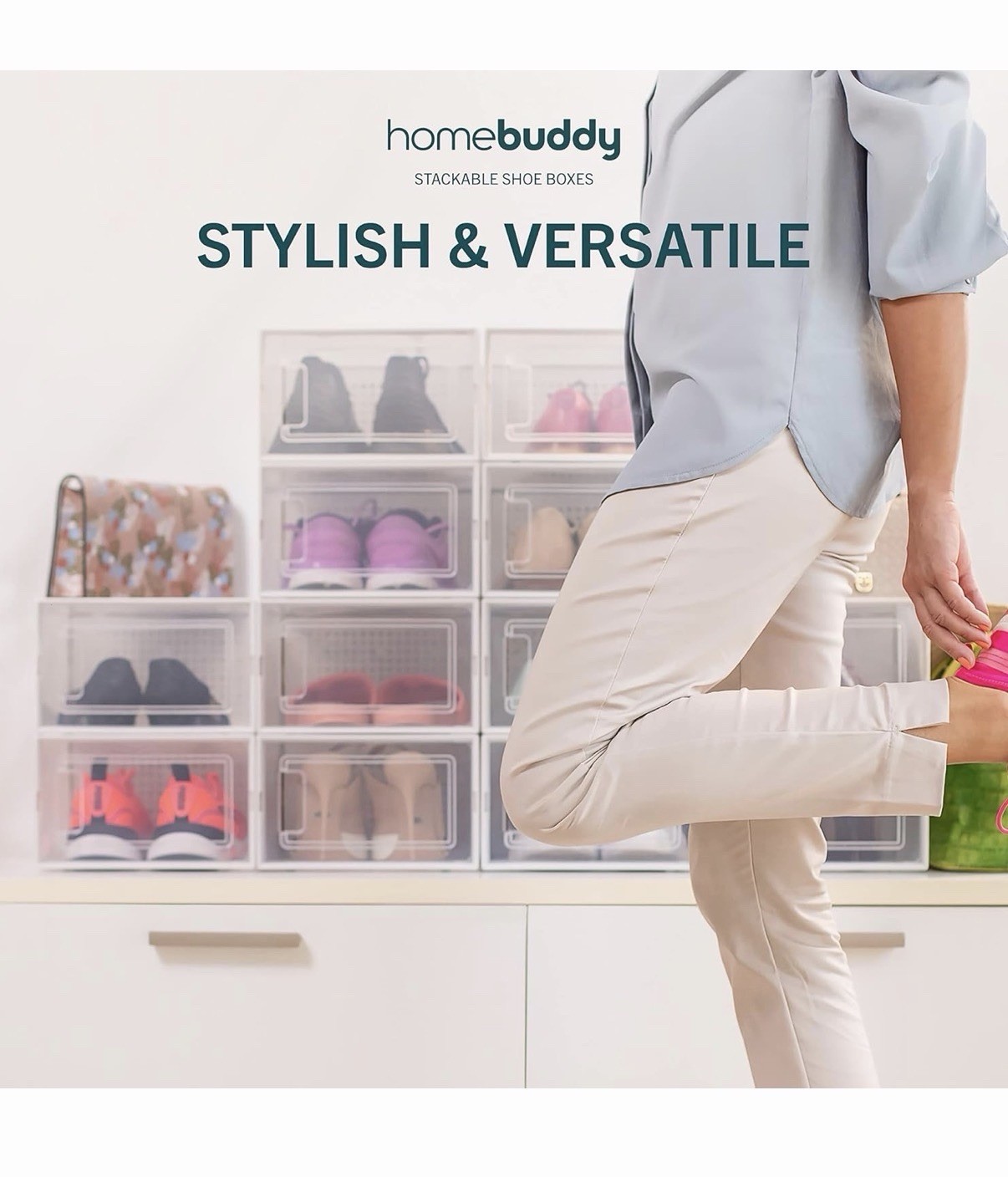 HomeBuddy Stackable Clear Plastic Shoe Storage Box Ventilation System Modern