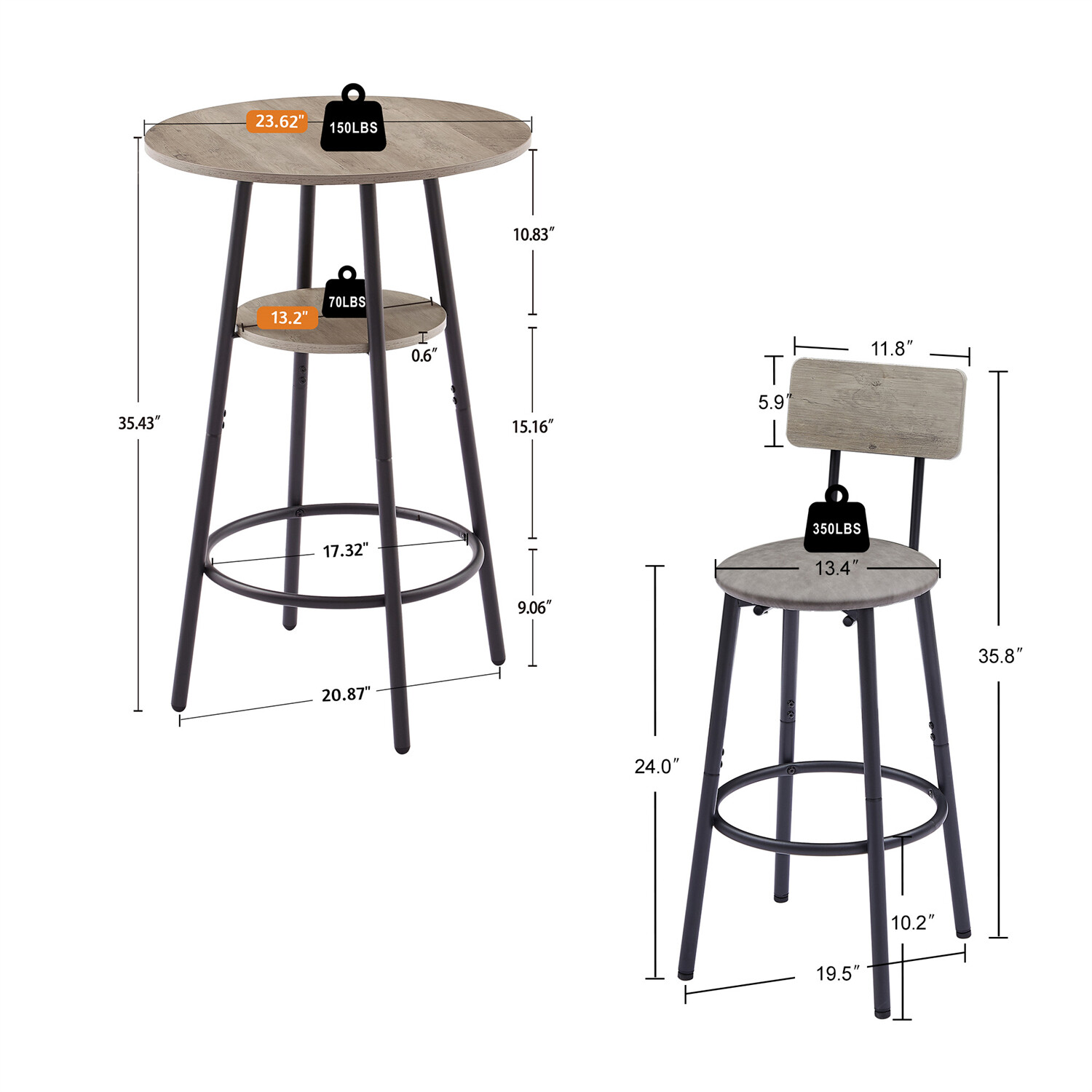 3 Piece Bar Table Set Counter Height Kitchen Pub Table w/ 2 Upholstered Stools