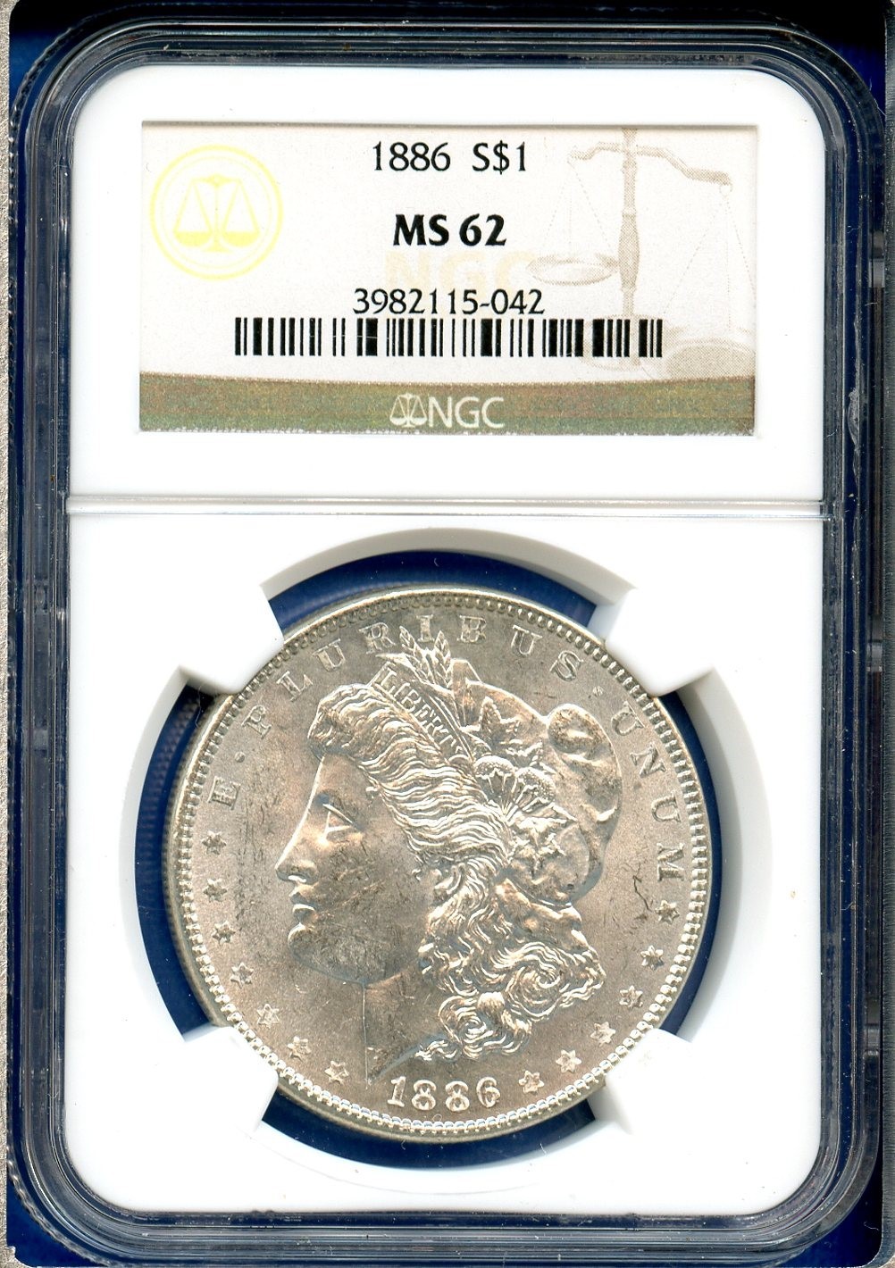 1886 P NGC MS62 Morgan Silver Dollar $1 US Mint 1886-P MS-62 Blast White