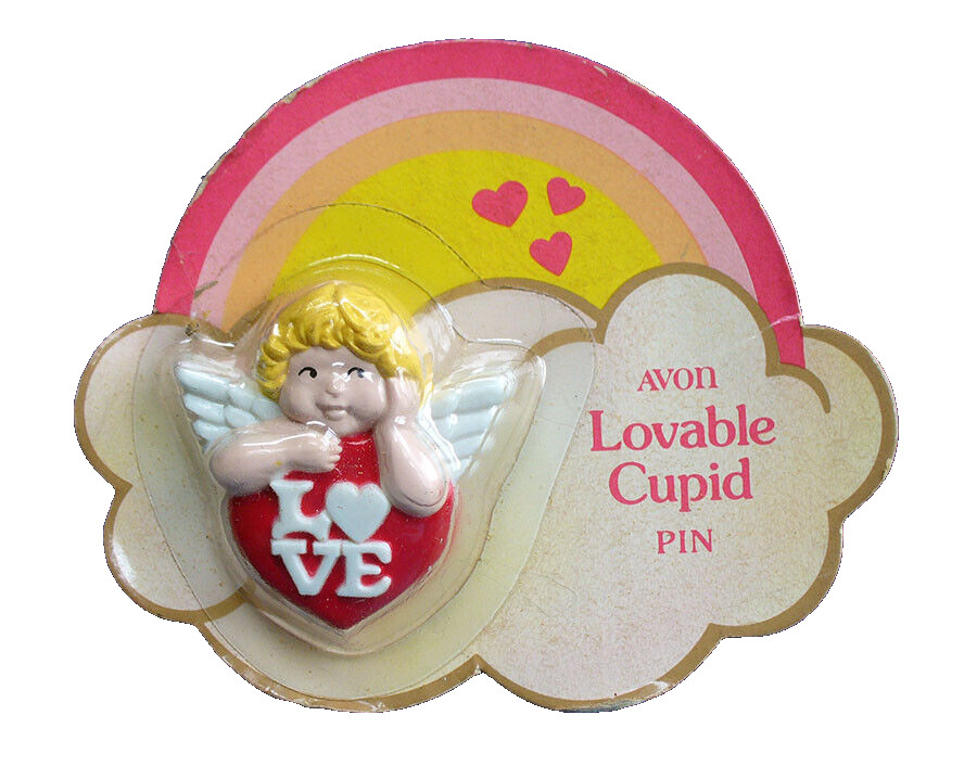 Avon PIN Valentines Vintage ANGEL LOVE Heart LOVABLE CUPID 1983 Brooch HK NEW