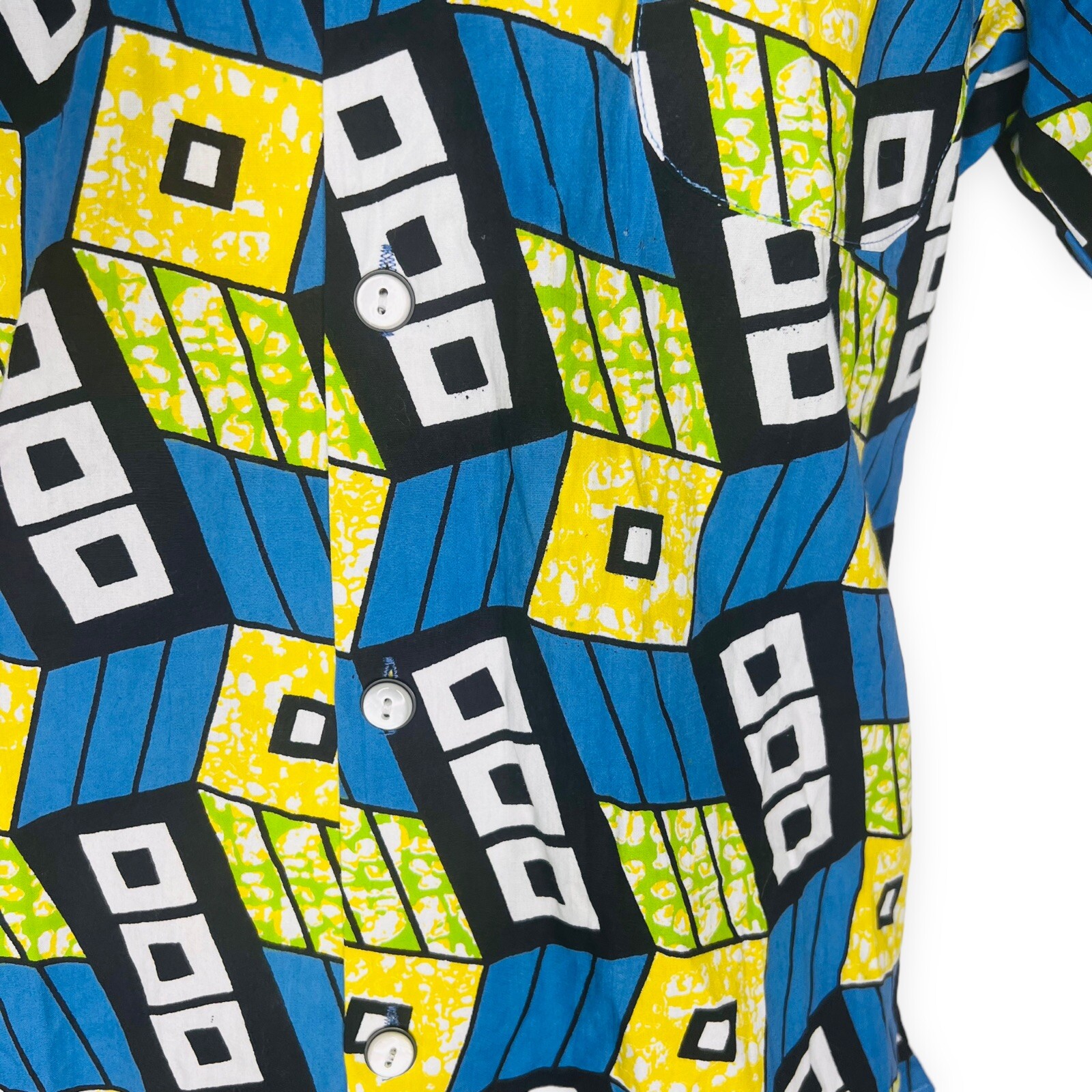 Men African Print Bowling Style Green, Blue, And Yellow Collar Shirt