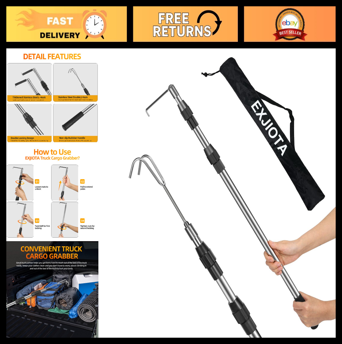 6FT Telescoping Truck Cargo Grabber with Hooks - Heavy Duty Pickup Bed Tool