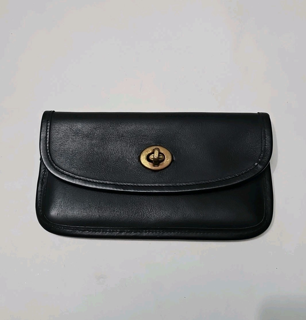 Vintage  Turnlock Case Wallet Clutch Pouch Black Leather