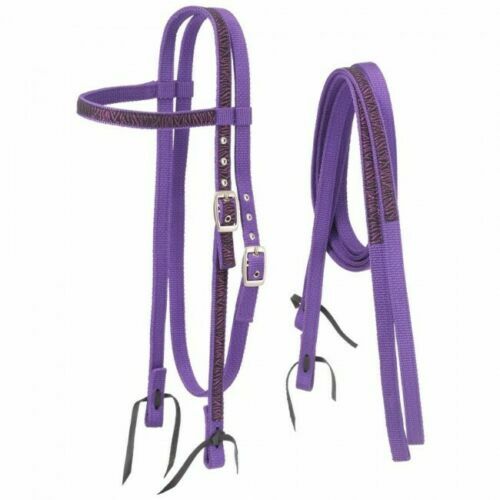 Tough 1 Purple Zebra Pattern Nylon Horse Size Headstall and Reins  42-9975