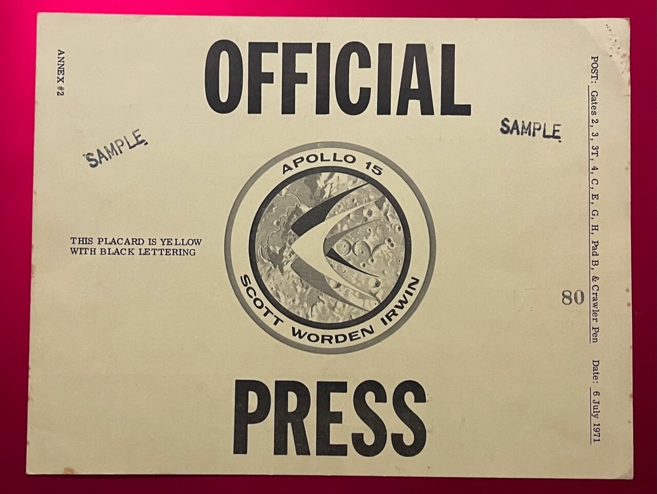 APOLLO 15 1971 OFFICIAL PRESS SAMPLE AUTHORIZATION YELLOW VEHICLE PERMIT PASS