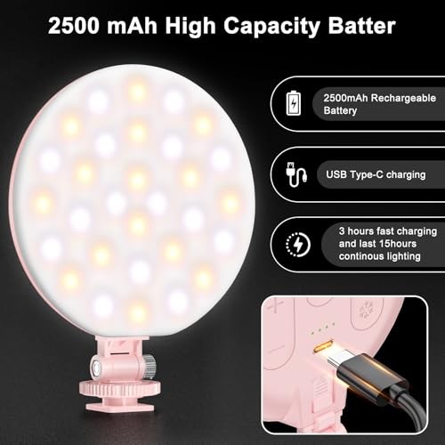 LED Video Light, 2500mAh Rechargeable Camera Light, CRI97+ Dimmable Ring Pink