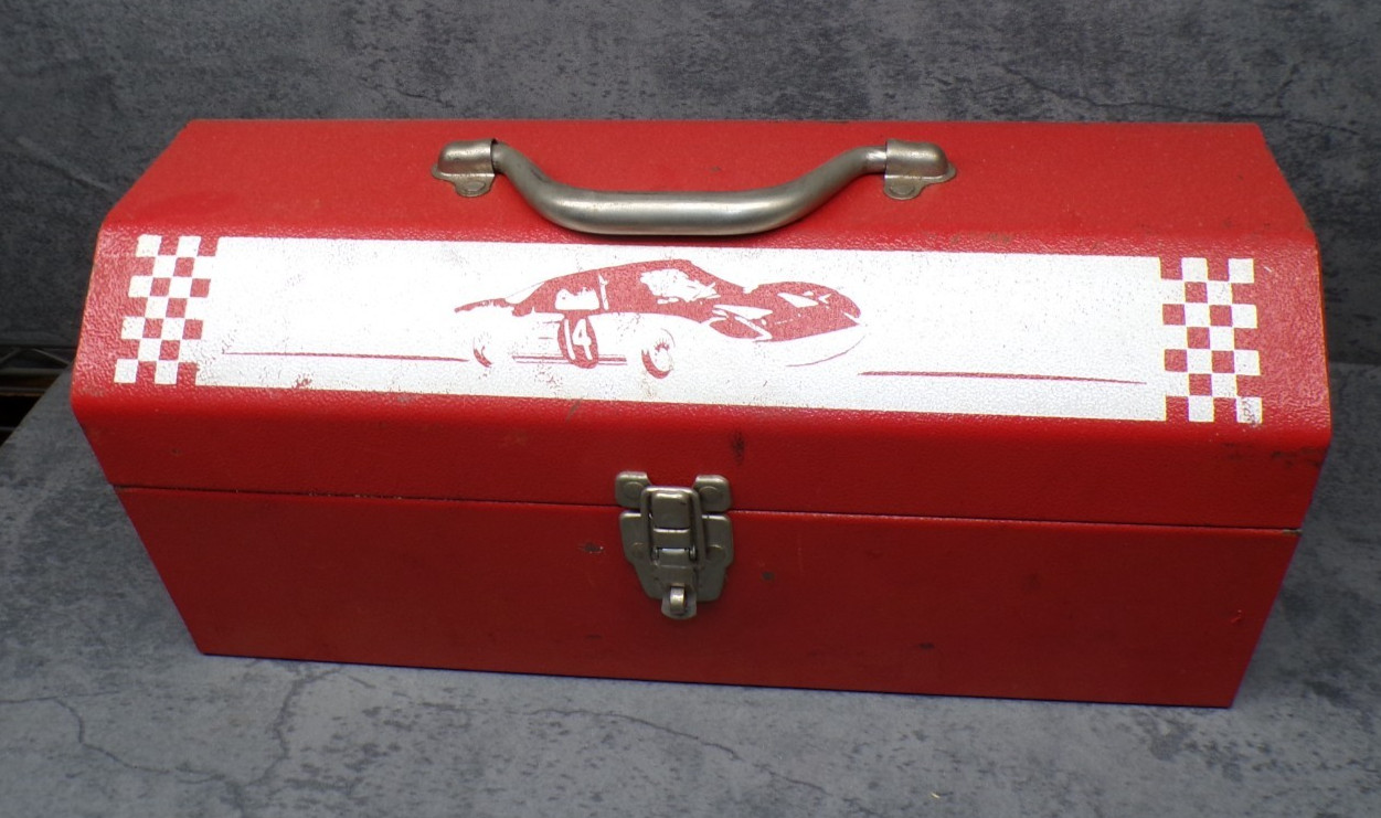 Vintage Red Metal Toolbox Racing Car #14 Graphic Removable Tray Tool Box Ford