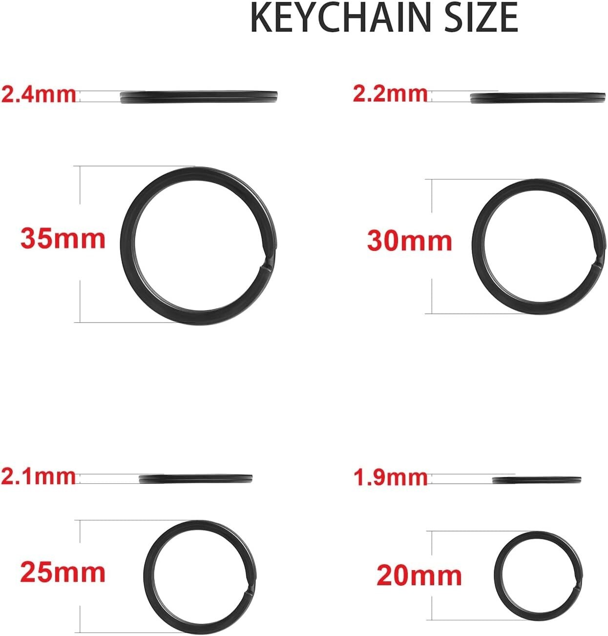 40 Pack Key Ring Keychain Mix 4 Sizes Black Metal Flat Split Key Chains Rings
