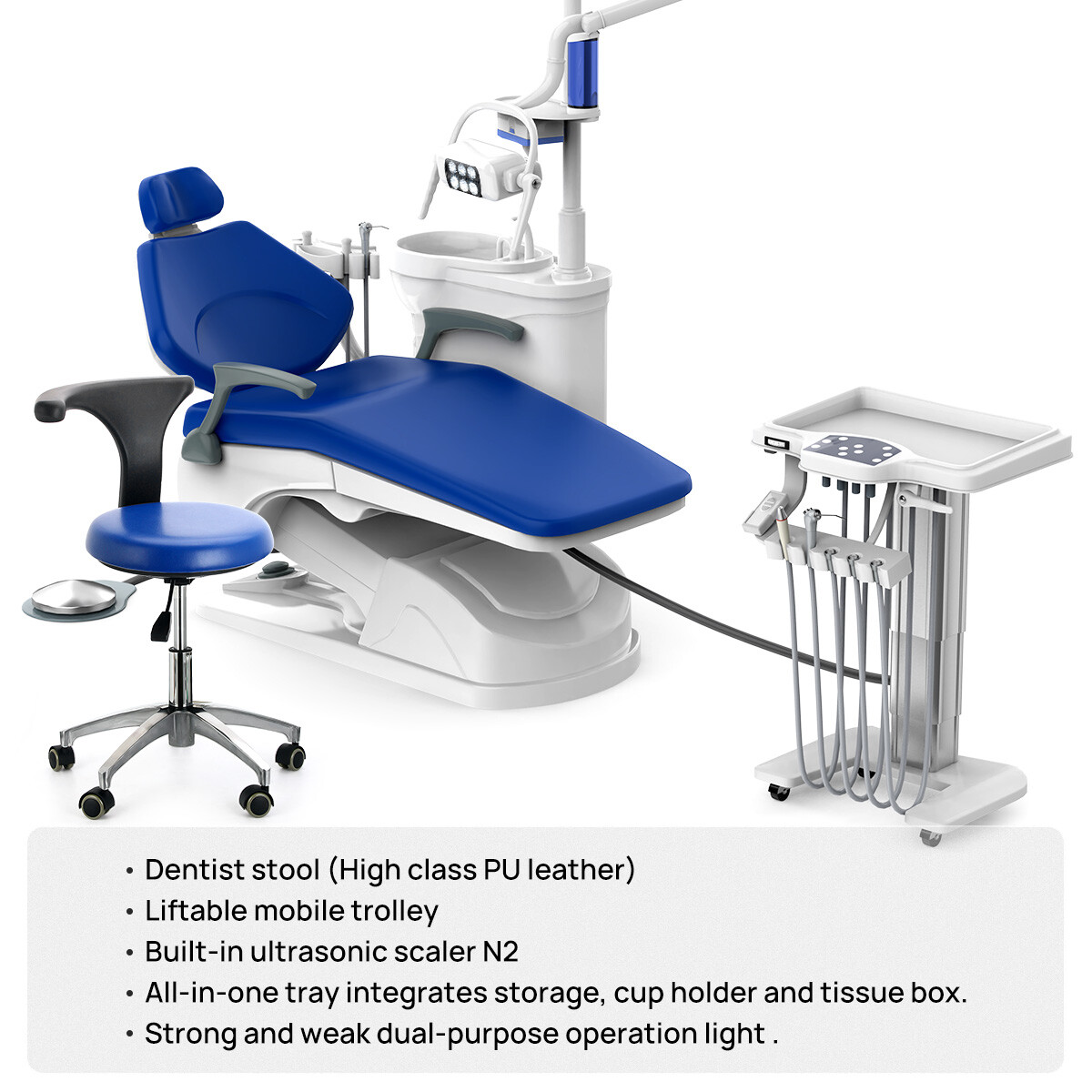 Dental Unit Chair Integral Computer Controlled + Liftable mobile trolley + Stool
